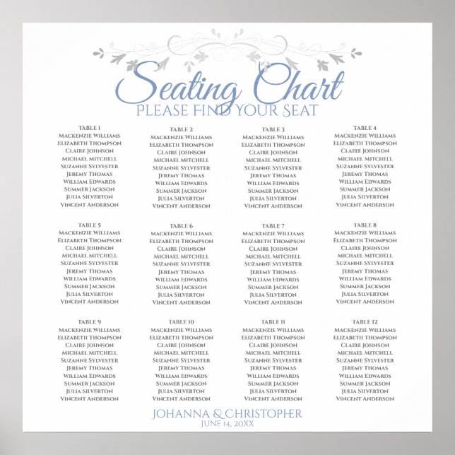 Elegantes Blue & Gray 12 Table Wedding Seating Cha Poster (Vorne)