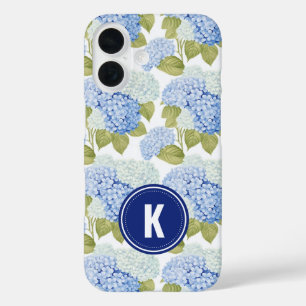 Elegantes Blue Hydragea Blume Muster Monogramm iPhone 16 Hülle