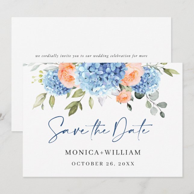 Elegantes Blue Hydrangea Blush Rose Blumenhochzeit Save The Date (Vorne/Hinten)