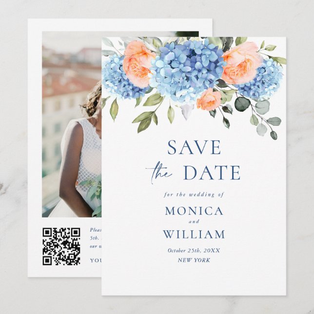 Elegantes Blue Hydrangea Blush Rose Blumenhochzeit Save The Date (Vorne/Hinten)