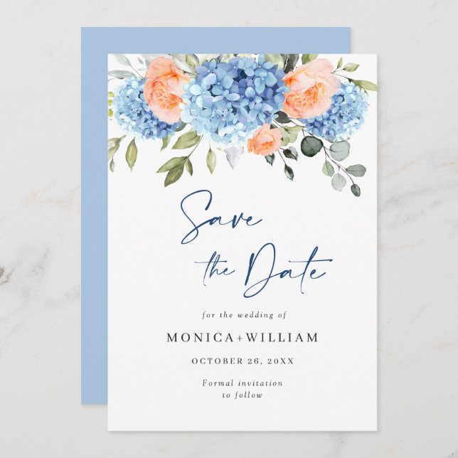 Elegantes Blue Hydrangea Blush Rose Blumenhochzeit Save The Date (Vorne/Hinten)