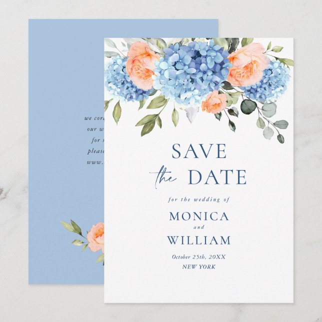 Elegantes Blue Hydrangea Blush Rose Blumenhochzeit Save The Date (Vorne/Hinten)