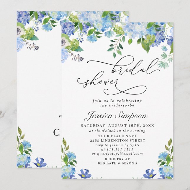 Elegantes Blue Hydrangea Brautparty Einladung (Vorne/Hinten)