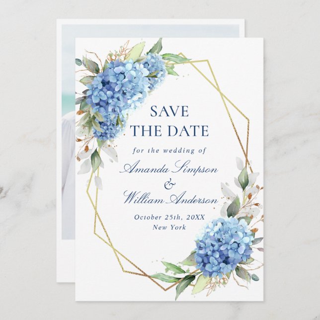 Elegantes Blue Hydrangea Floral Wedding Foto Save The Date (Vorne/Hinten)