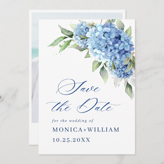 Elegantes Blue Hydrangea Floral Wedding Foto Save The Date (Vorne/Hinten)