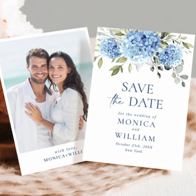 Elegantes Blue Hydrangea Floral Wedding Foto Save The Date (Von Creator hochgeladen)