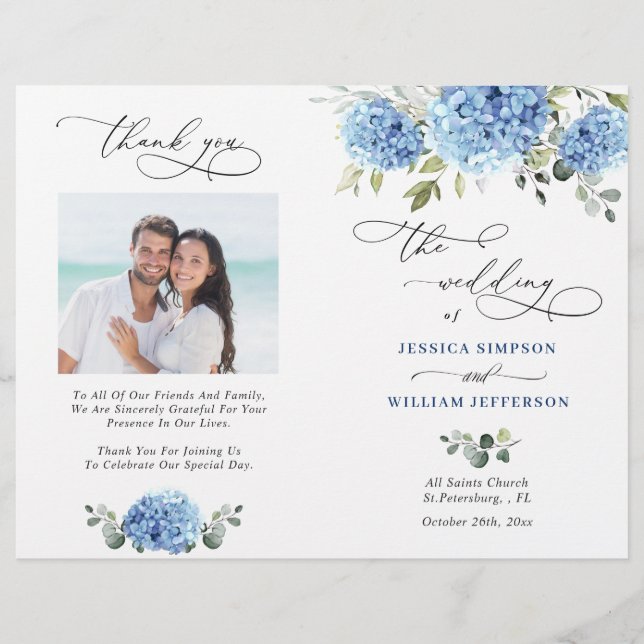 Elegantes Blue Hydrangea Hochzeitsprogramm (Vorderseite)