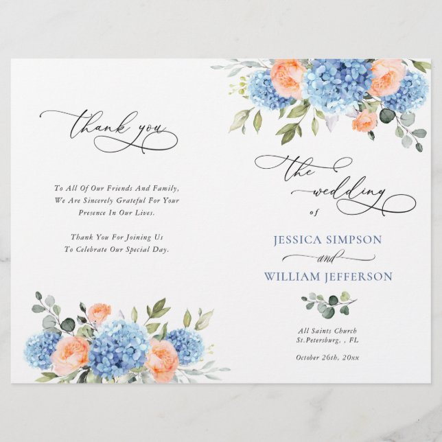 Elegantes Blue Hydrangea Hochzeitsprogramm (Vorderseite)