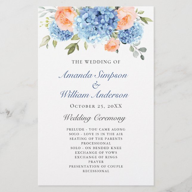 Elegantes Blue Hydrangea Hochzeitsprogramm (Vorderseite)
