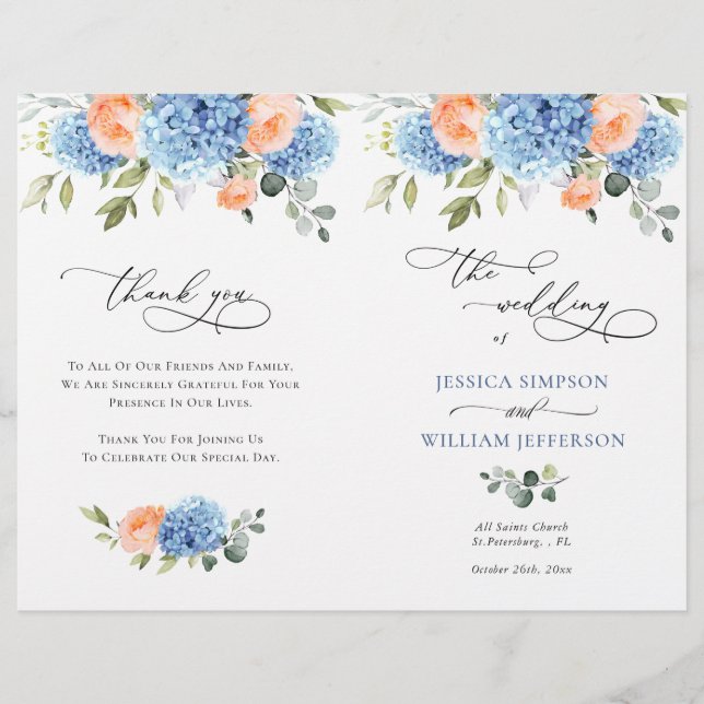 Elegantes Blue Hydrangea Hochzeitsprogramm (Vorderseite)