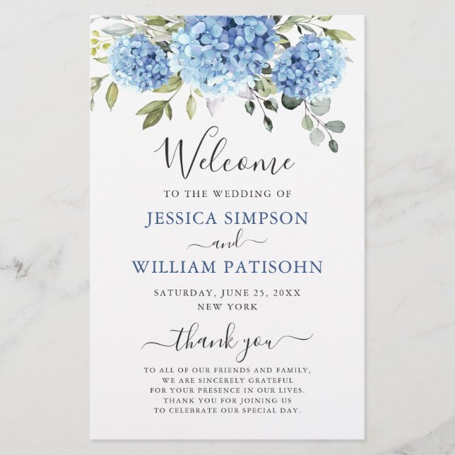 Elegantes Blue Hydrangea Hochzeitsprogramm (Vorderseite)
