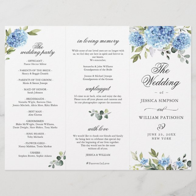 Elegantes Blue Hydrangea Hochzeitsprogramm (Vorderseite)