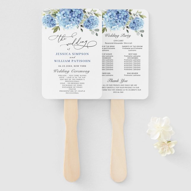 Elegantes Blue Hydrangea Hochzeitsprogramm Fächer (Vorne und Hinten)