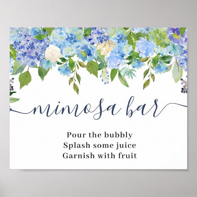 Elegantes Blue Hydrangea Mimosa Bar Wedding Sign Poster (Vorne)