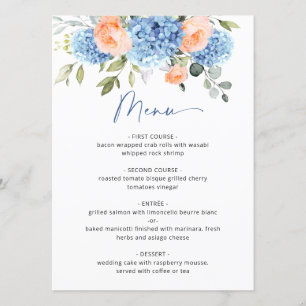 Elegantes Blue Hydrangea Rosa Blush Rose Hochzeit Menükarte