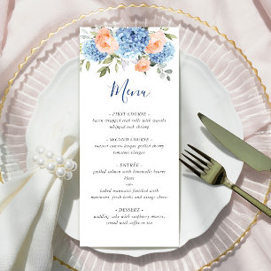 Elegantes Blue Hydrangea Rosa Blush Rose Hochzeit Menükarte