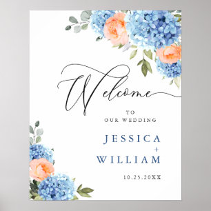 Elegantes Blue Hydrangea Rosa Blush Rose Hochzeit Poster