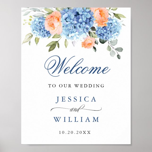 Elegantes Blue Hydrangea Rosa Blush Rose Hochzeit Poster (Vorne)