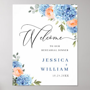Elegantes Blue Hydrangea Rosa Blush Rose Hochzeit Poster