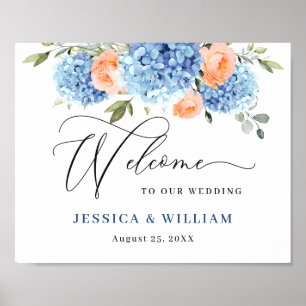 Elegantes Blue Hydrangea Rosa Blush Rose Hochzeit Poster
