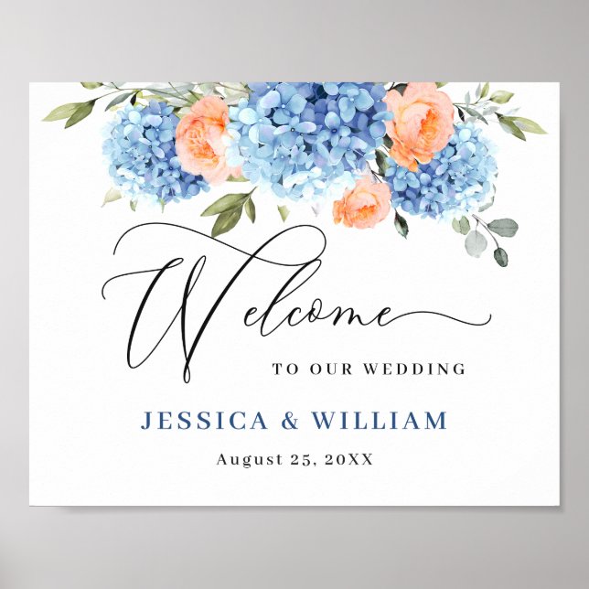 Elegantes Blue Hydrangea Rosa Blush Rose Hochzeit Poster (Vorne)