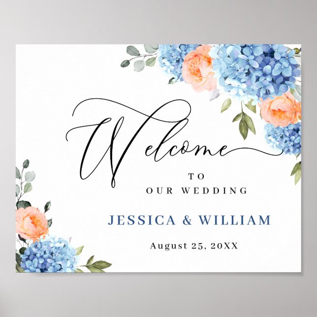 Elegantes Blue Hydrangea Rosa Blush Rose Hochzeit Poster (Vorne)