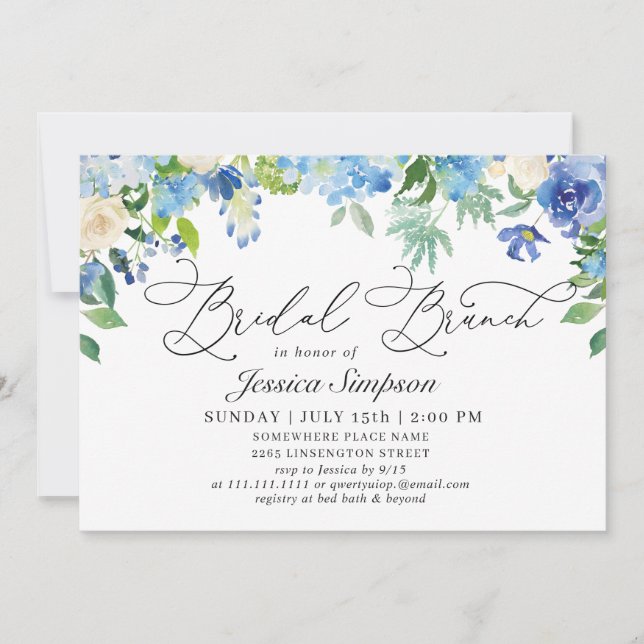 Elegantes Blue Hydrangea Watercolor Bridal Brunch Einladung (Vorderseite)