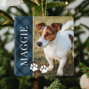 Elegantes Blue Kariert Pet Name und Foto Keramikornament