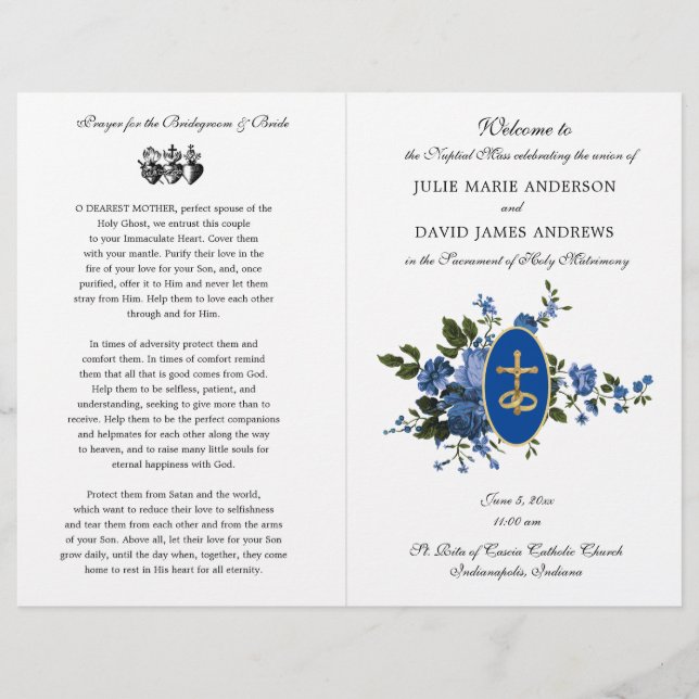 Elegantes Blue Katholic Latin Mass Wedding Program (Vorderseite)