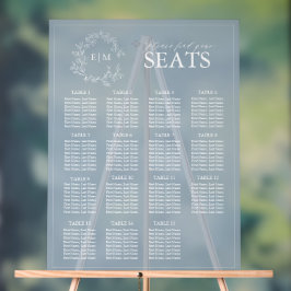 Elegantes Blue Leafy Wappen Monogram Wedding Seati Acrylschild