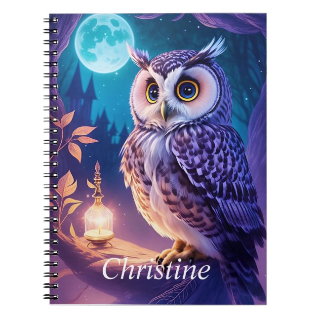 Elegantes Blue Lila Magical Owl Comic Kunst Notizblock (Vorderseite)