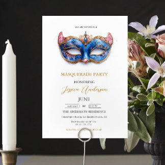 Elegantes Blue Masquerade Party Geburtstag Einladung