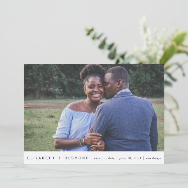 Elegantes Blue Modern Foto Hochzeit Save The Date (Stehend Vorderseite)