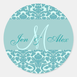 Elegantes Blue Monogram Damask Wedding Siegel Runder Aufkleber