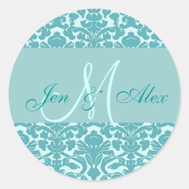 Elegantes Blue Monogram Damask Wedding Siegel Runder Aufkleber (Vorderseite)