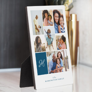 Elegantes Blue Monogram Family Foto Collage Grid Fotoplatte