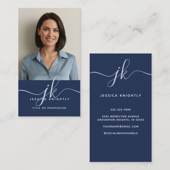 Elegantes Blue Monogram Script Initials-Foto Visitenkarte (Vorne/Hinten)