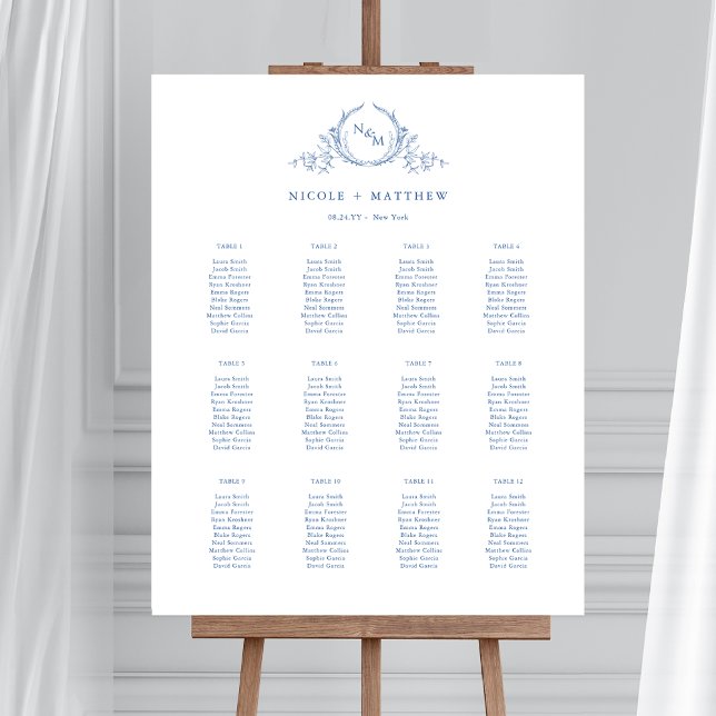 Elegantes Blue Monogram Seating Chart Sign Poster (Von Creator hochgeladen)