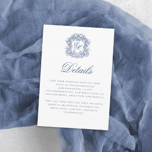 Elegantes Blue Monogram Wappen Hochzeitdetails Begleitkarte