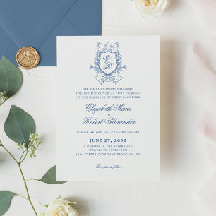 Elegantes Blue Monogram Wappen Traditionelle Hochz Einladung