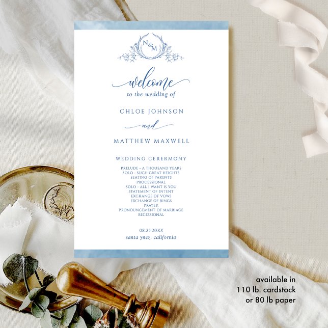 Elegantes Blue Monogram Watercolor Hochzeitsprogra (Von Creator hochgeladen)