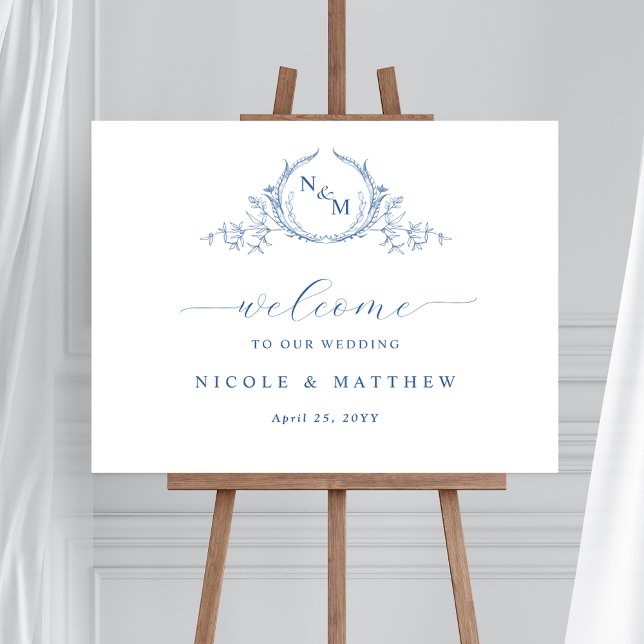 Elegantes Blue Monogram Wedding Welcome Sign Poster (Von Creator hochgeladen)
