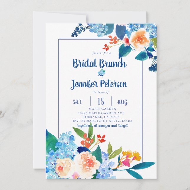 Elegantes Blue & Peach Floral Bridal Brunch Einladung (Vorderseite)