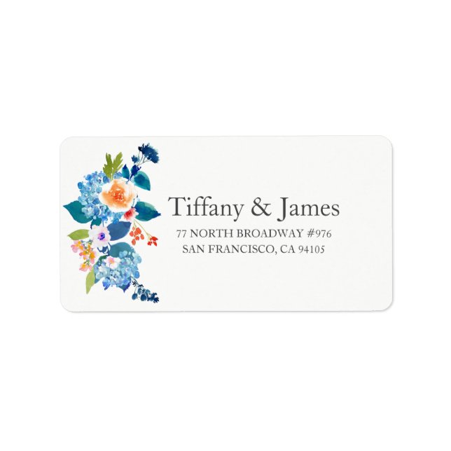 Elegantes Blue & Peach Floral Wedding Address Labe Adressaufkleber (Vorne)