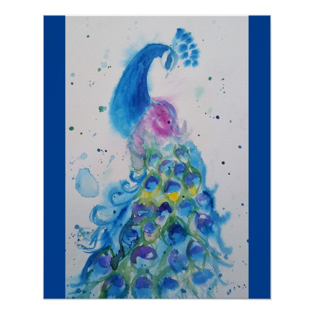 Elegantes Blue Peacock Aquarellbild Poster (Vorderseite)