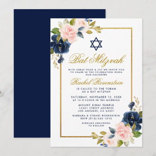 Elegantes Blue Pink Floral Gold Rahmen Bat Mitzvah Einladung