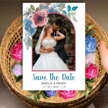 Elegantes Blue & Pink Floral QR Foto Hochzeit