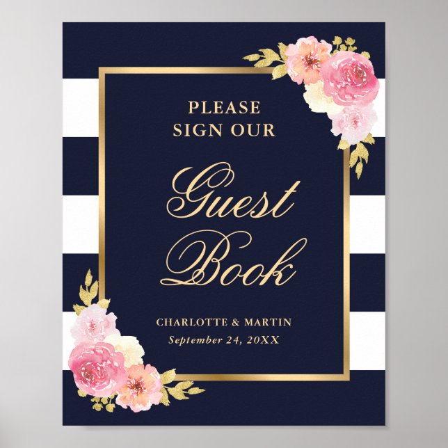 Elegantes Blue Pink Floral Wedding Guest Book Sign Poster (Vorne)