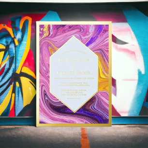 Elegantes Blue Pink Galaxy Abstrakte Kunst Hochzei Folieneinladung