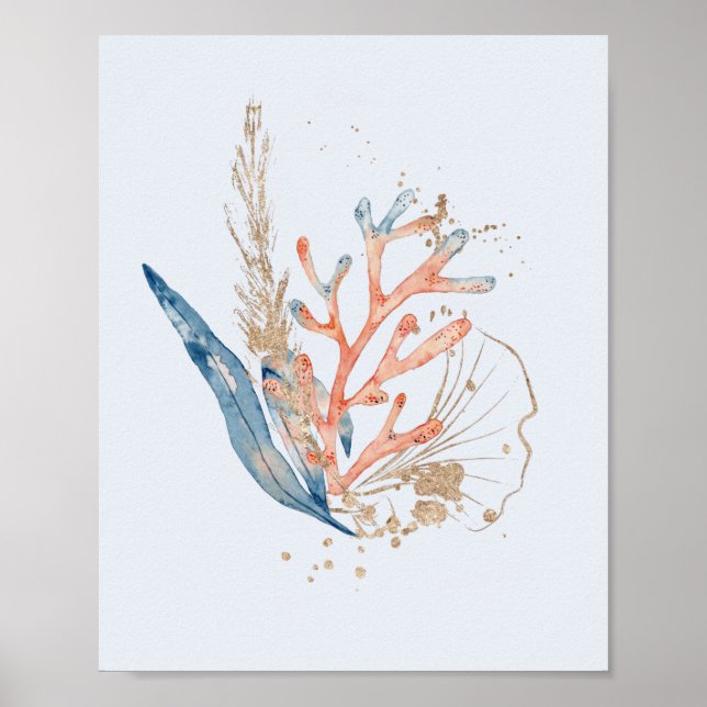 Elegantes Blue Pink & Gold Coral Themed Sea Poster (Vorne)